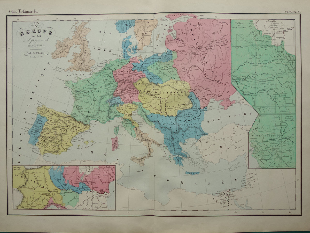 NAPOLEON Oude kaart van Europa in 1813 Napoleontische Rijk Antieke landkaart uit 1859 Originele Franse geschiedeniskaart