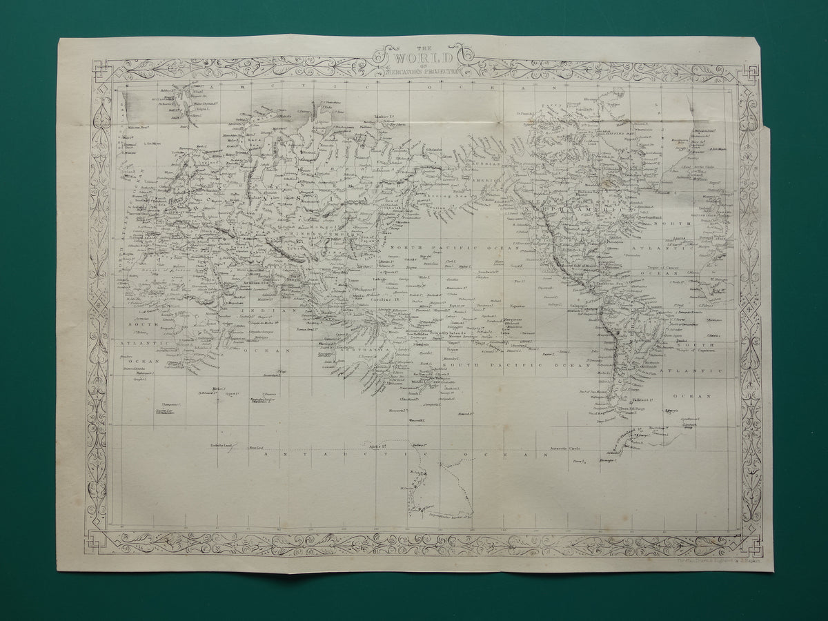 WORLD MAP vintage map of the World from 1860 Original antique English map