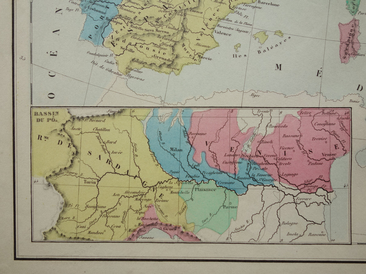 NAPOLEON Oude kaart van Europa in 1813 Napoleontische Rijk Antieke landkaart uit 1859 Originele Franse geschiedeniskaart