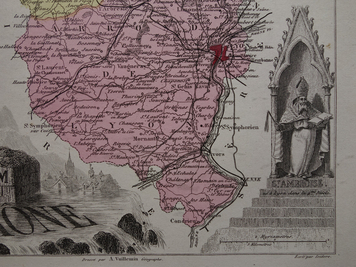 RHONE Oude kaart van Rhône departement in Frankrijk uit 1876 originele antieke landkaart Lyon historische kaarten