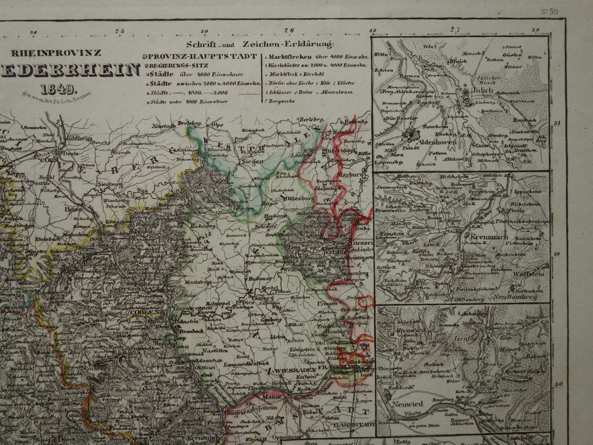 Old map of Lower Rhine Germany 175+ year old hand-colored map Lower Rhine Trier Koblenz Aachen