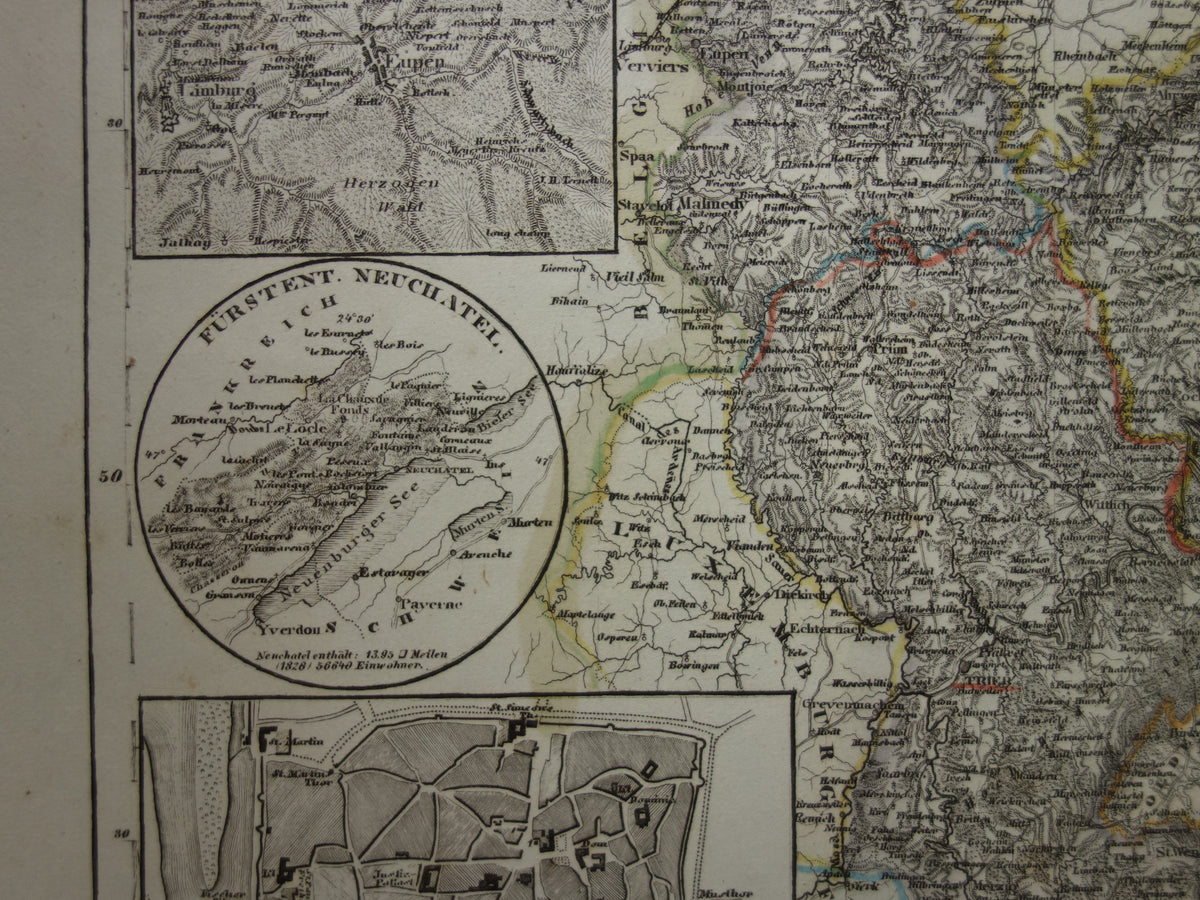 Old map of Lower Rhine Germany 175+ year old hand-colored map Lower Rhine Trier Koblenz Aachen