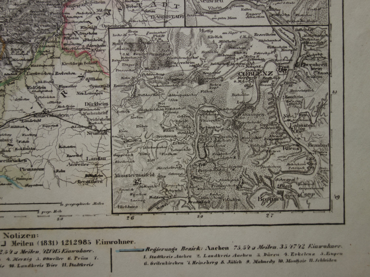 Old map of Lower Rhine Germany 175+ year old hand-colored map Lower Rhine Trier Koblenz Aachen