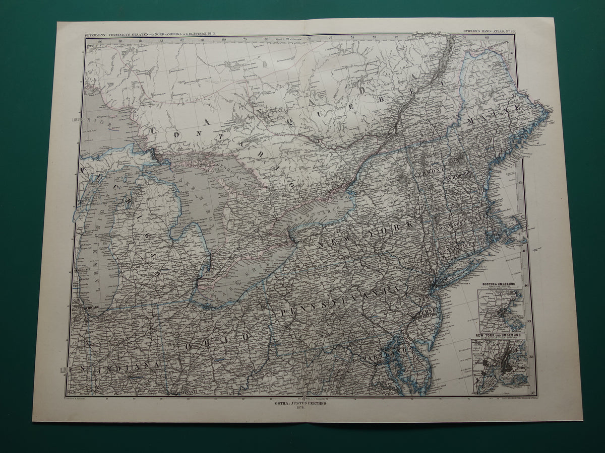 Large Old Map of United States Northeast 1878 Original Antique Map Michigan New York Carolina Great Lakes