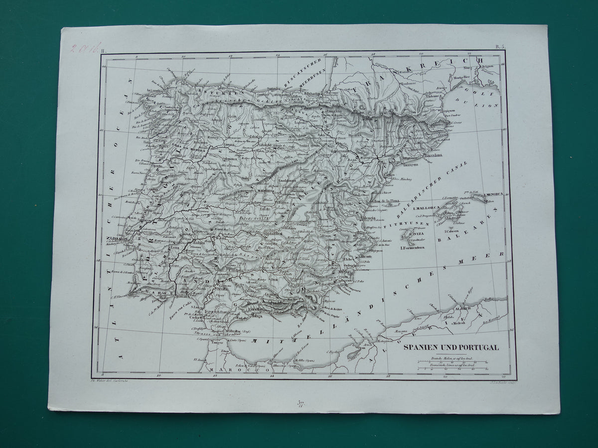 Antieke kaart van Spanje Portugal 175+ jaar oude landkaart uit 1849 gedetailleerde zwart wit kaart