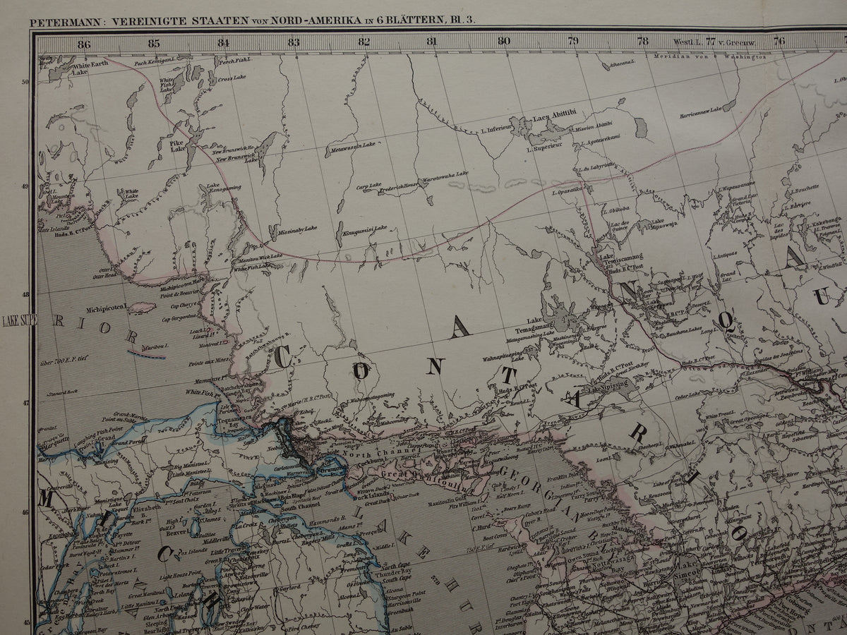 Large Old Map of United States Northeast 1878 Original Antique Map Michigan New York Carolina Great Lakes