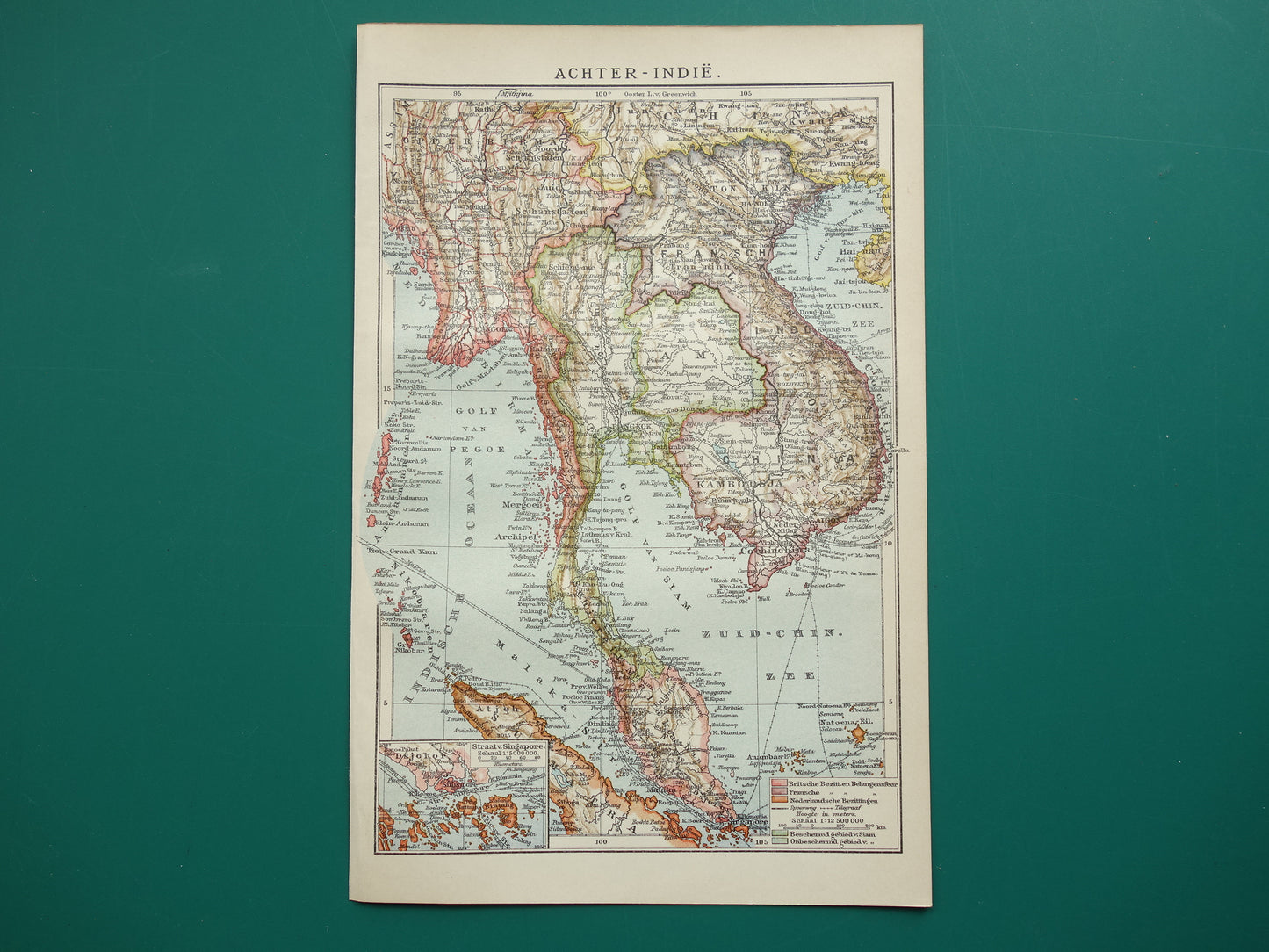 Oude kaart van zuidoost Azië uit 1910 originele antieke Nederlandse landkaart Thailand Vietnam Cambodja Maleisië