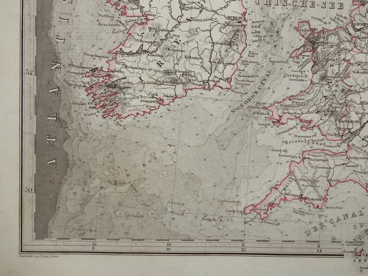 NOORDZEE en Groot-Brittanië 1868 originele oude landkaart / zeekaart Engeland Duitse Zee antieke kaart met jaartal