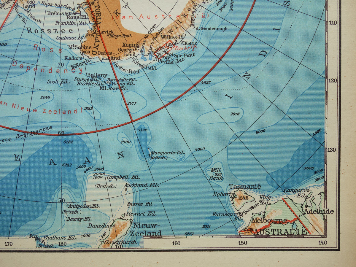 SOUTH POLE old map of the South Pole area 1938 original vintage Dutch map of Antarctica with territorial claims