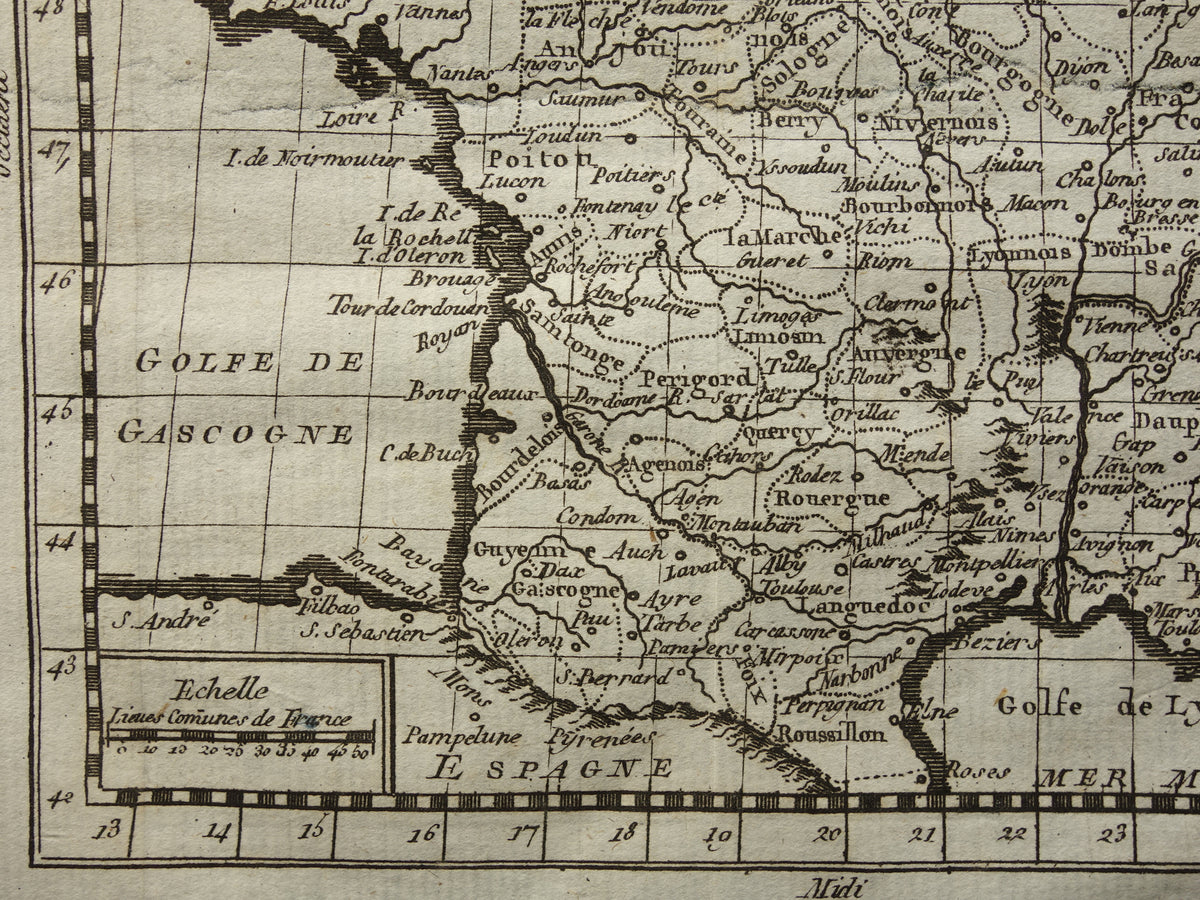 FRANKRIJK 265+ jaar oude kaart van Frankrijk uit 1759 originele antieke kaart klein formaat
