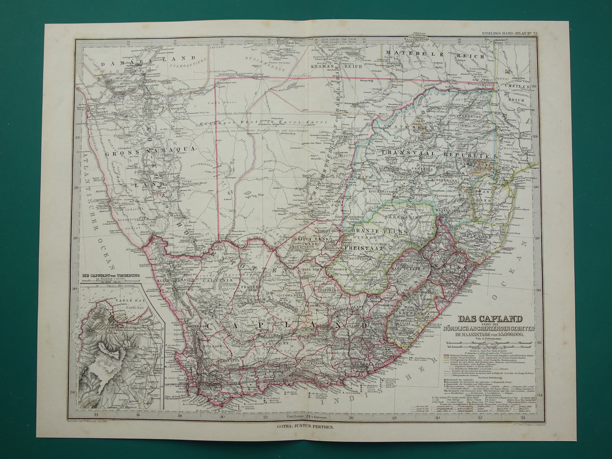 Old map of South Africa in 1886 Large original 140+ year antique map of Orange Free State Namibia Botswana Cape Colony Transvaal