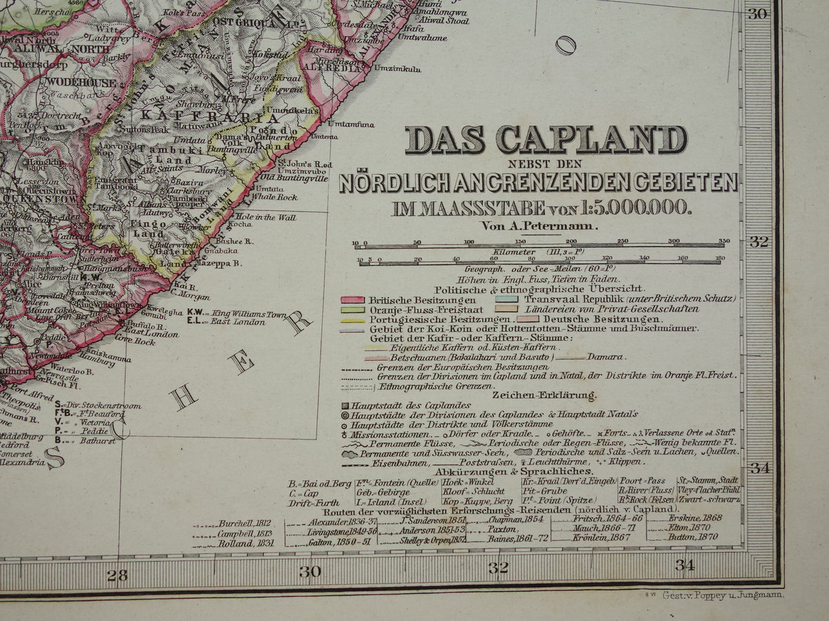 Old map of South Africa in 1886 Large original 140+ year antique map of Orange Free State Namibia Botswana Cape Colony Transvaal