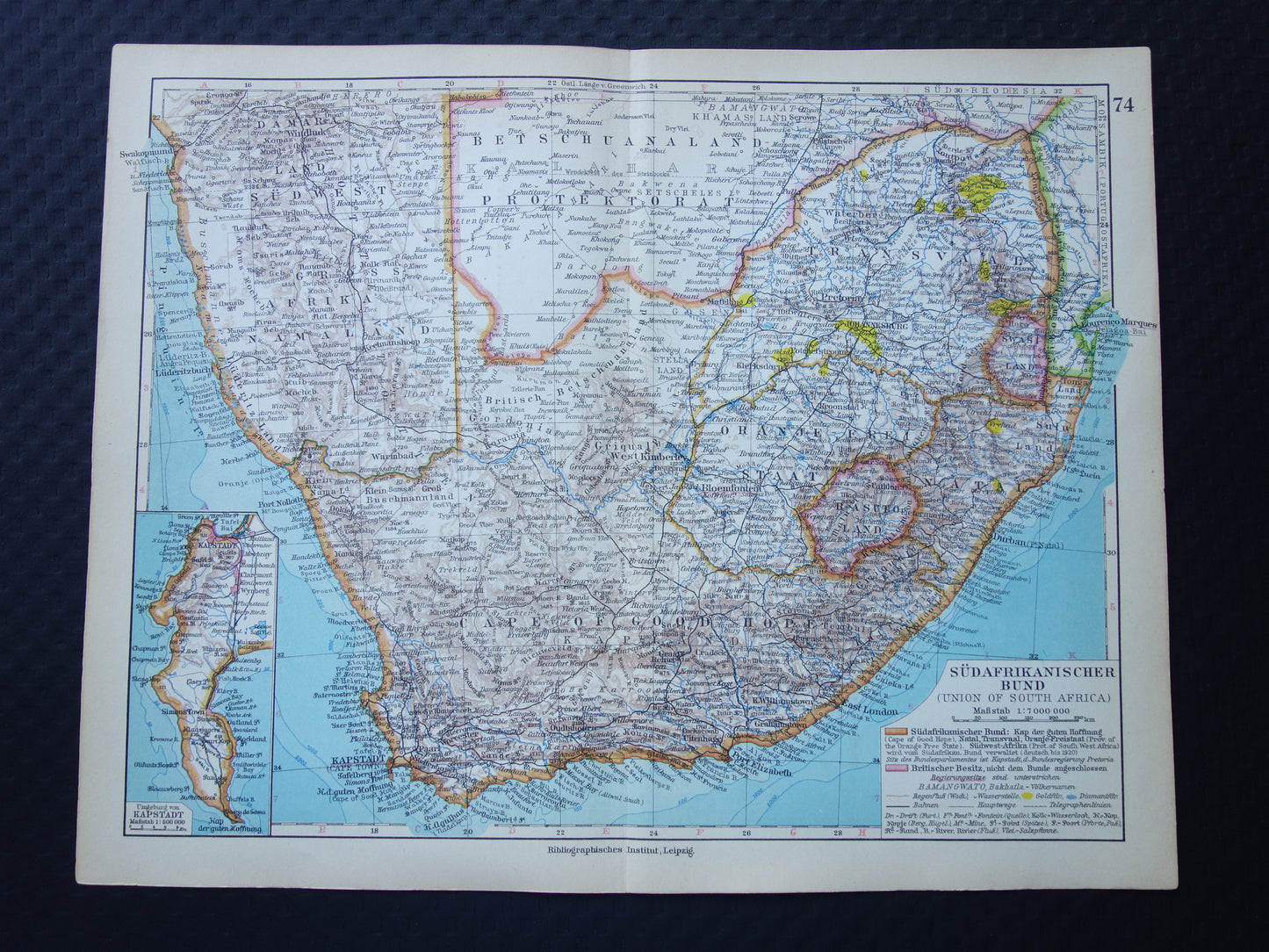 Old map of South Africa in 1928 original German vintage historical map South African Confederation