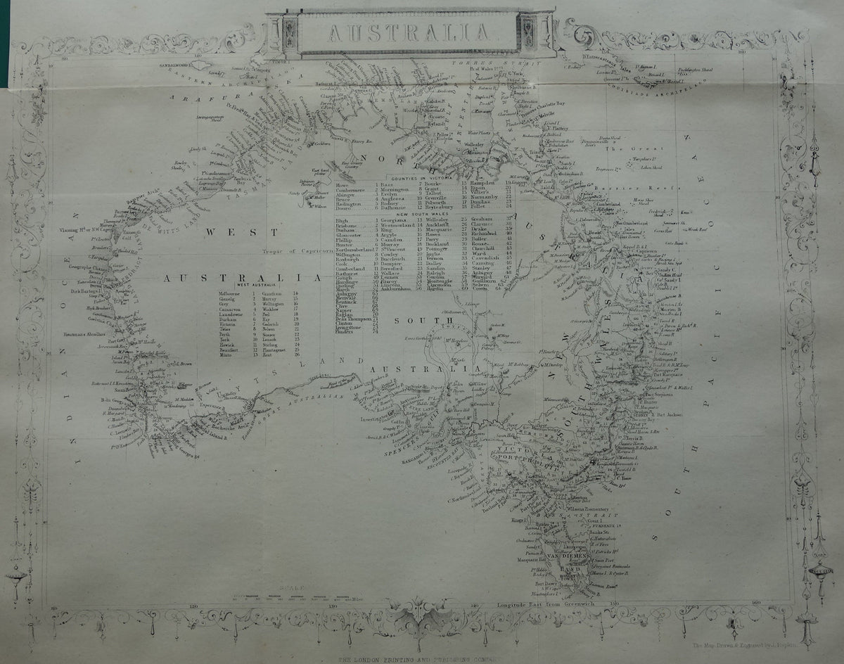 Australia old map from 1860 original antique map Australia John Rapkin - Vintage maps