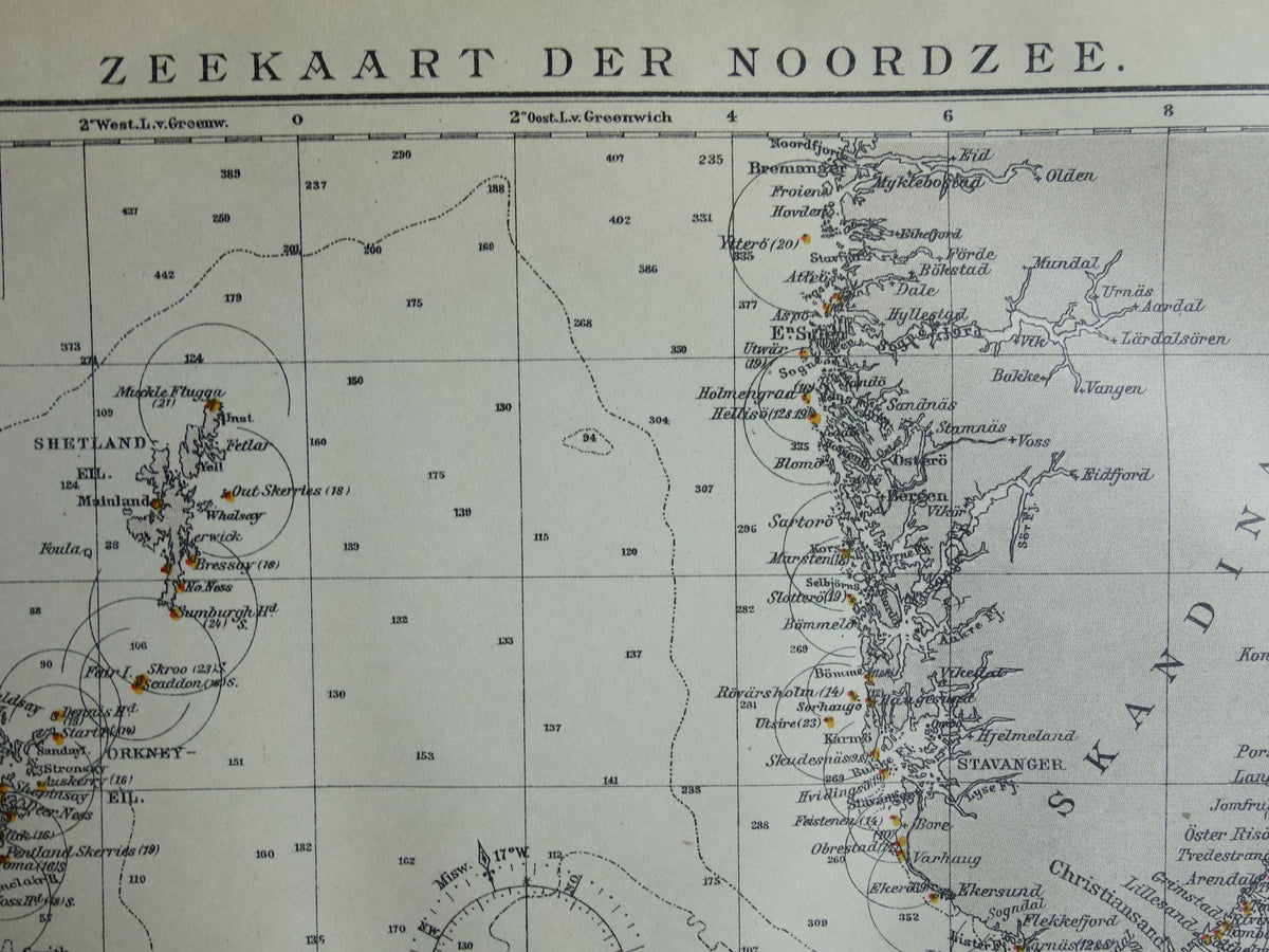 NORDSEEE alte Seekarte von 1920 originale antike niederländische Karte der Nordsee