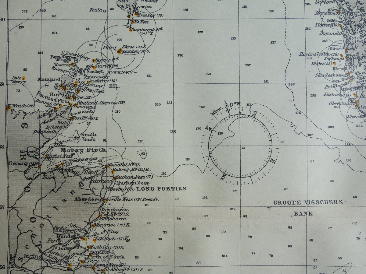 NORDSEEE alte Seekarte von 1920 originale antike niederländische Karte der Nordsee