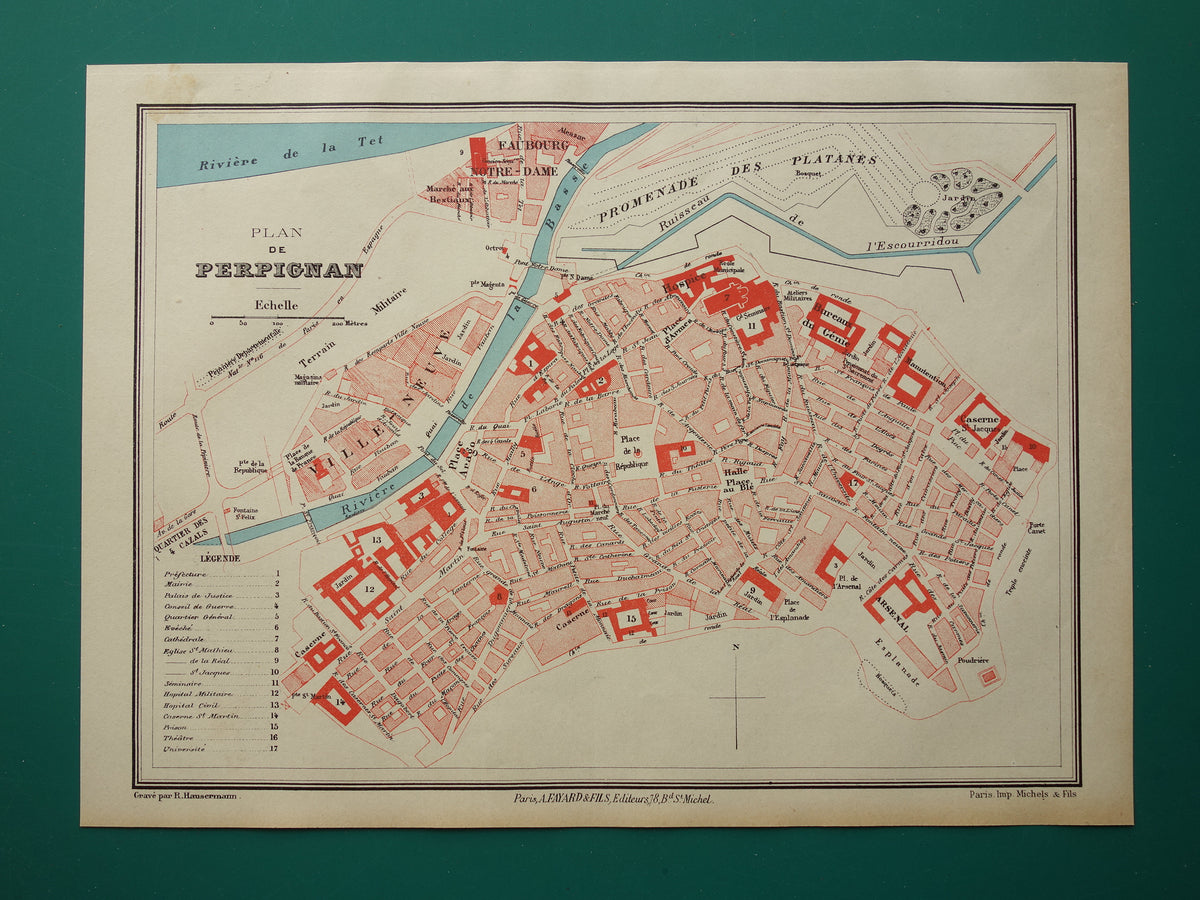 PERPIGNAN oude kaart van Perpignan Frankrijk 1896 originele antieke Franse plattegrond