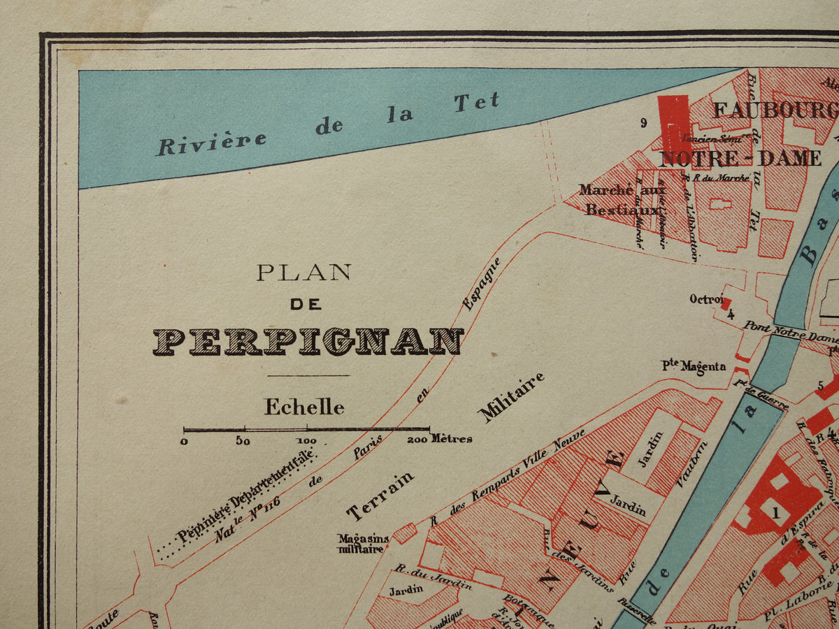 PERPIGNAN oude kaart van Perpignan Frankrijk 1896 originele antieke Franse plattegrond