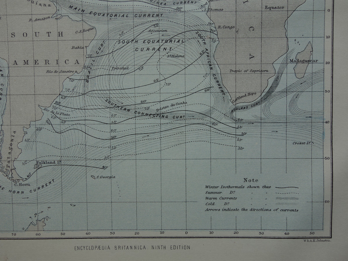Oude kaart van de Atlantische Oceaan Originele 140+ jaar oude antieke Engelse landkaart
