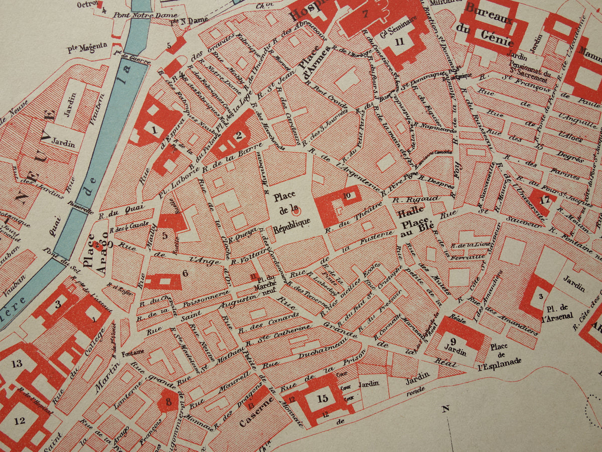 PERPIGNAN oude kaart van Perpignan Frankrijk 1896 originele antieke Franse plattegrond