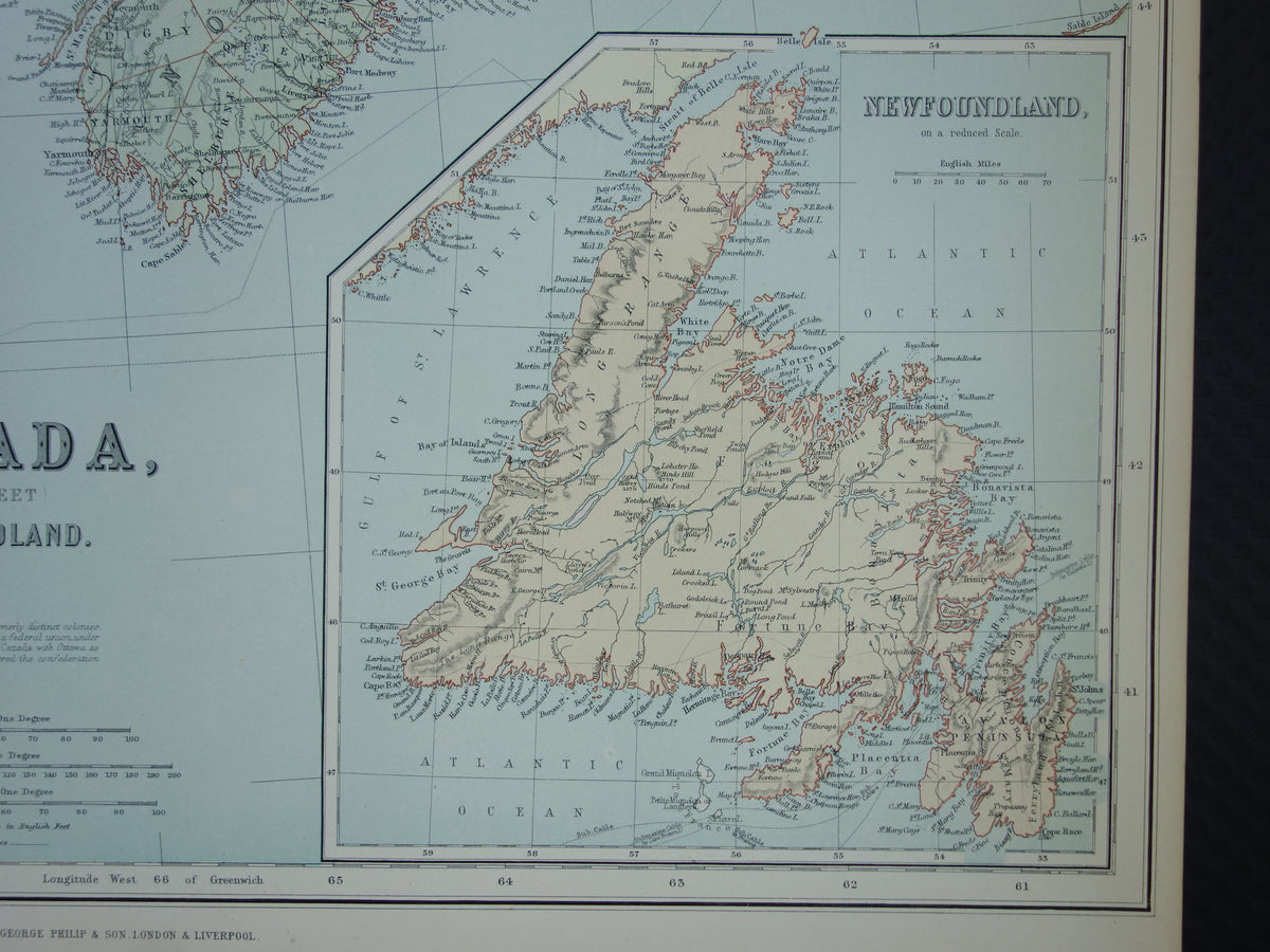 CANADA Grote antieke kaart van Newfoundland Quebec Nova Scotia Brunswick 1890 oude Engelse landkaart poster
