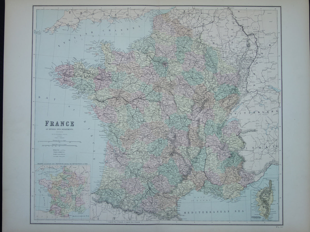 Large old map of France from 1877 original antique map poster