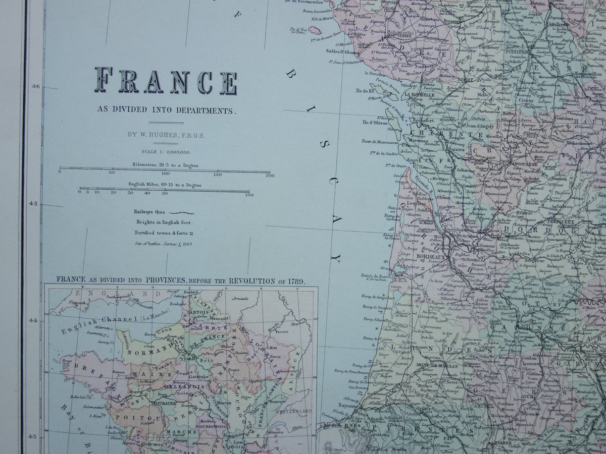 Large old map of France from 1877 original antique map poster
