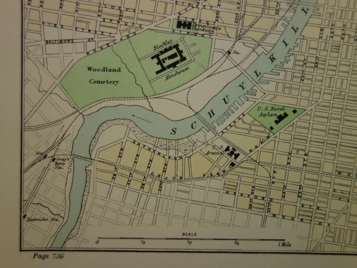 PHILADELPHIA oude plattegrond van centrum Philadelphia antieke kaart VS vintage kaarten