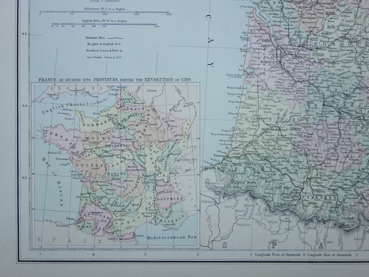 Large old map of France from 1877 original antique map poster