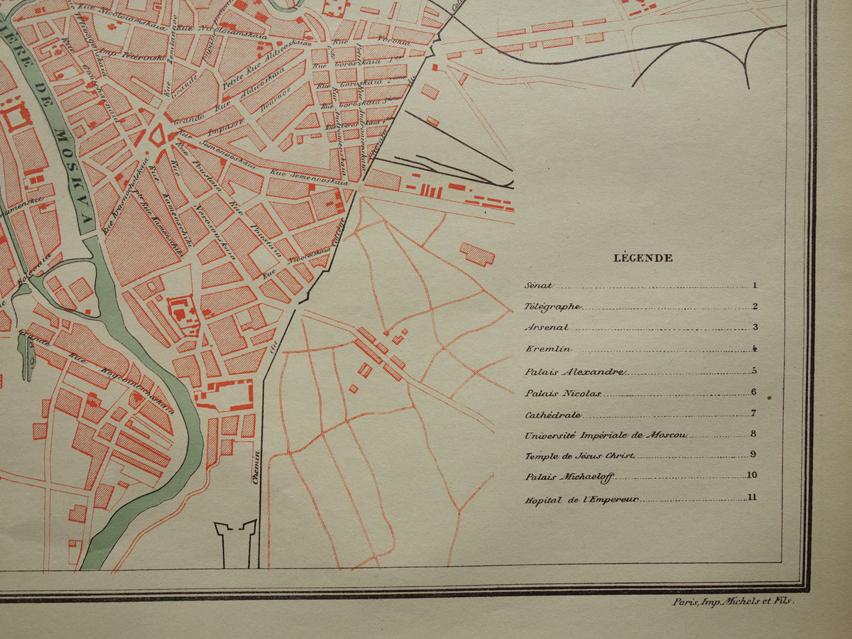 MOSKOU oude kaart van Moskou 1896 originele antieke Franse plattegrond