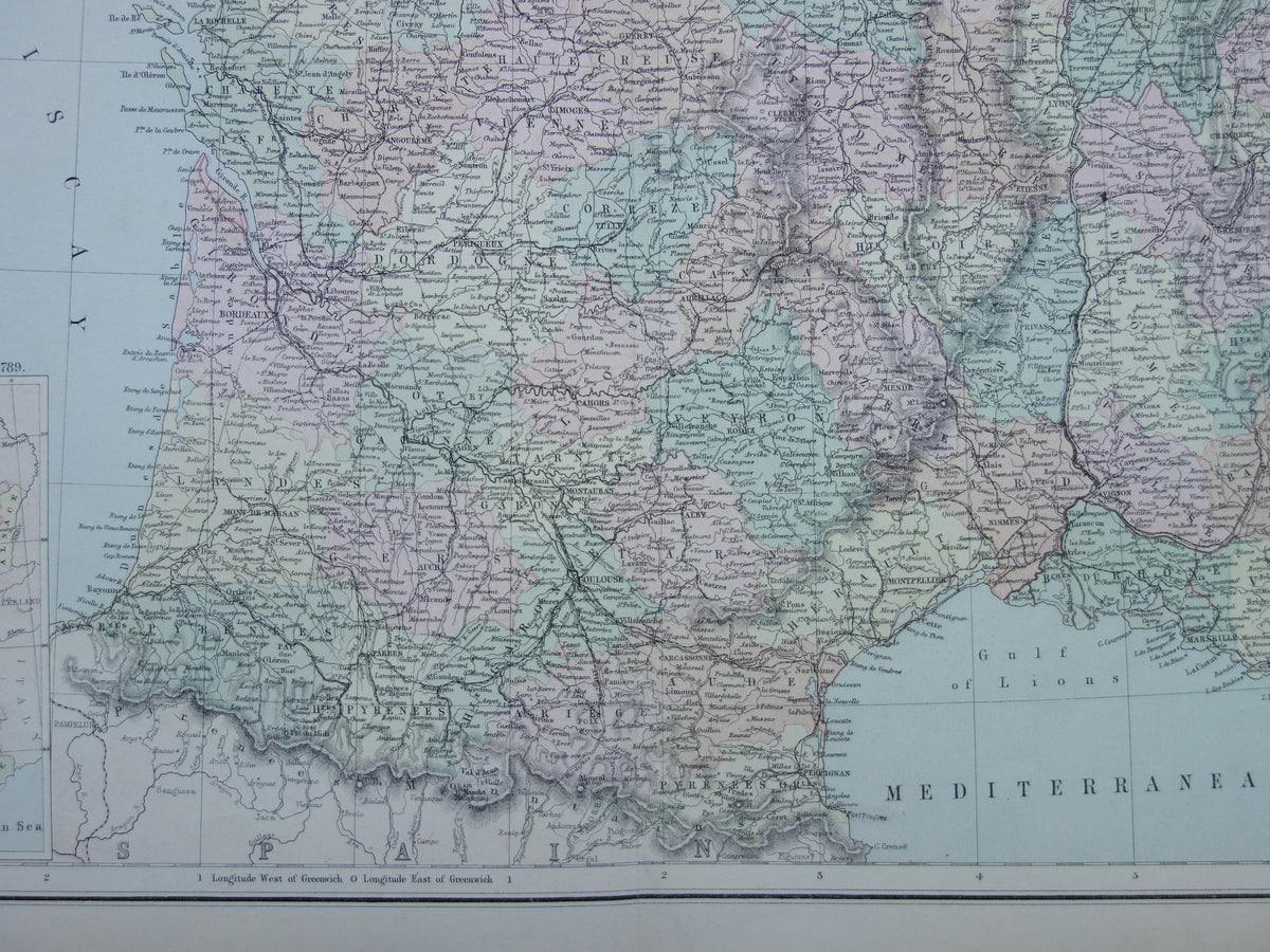 Large old map of France from 1877 original antique map poster