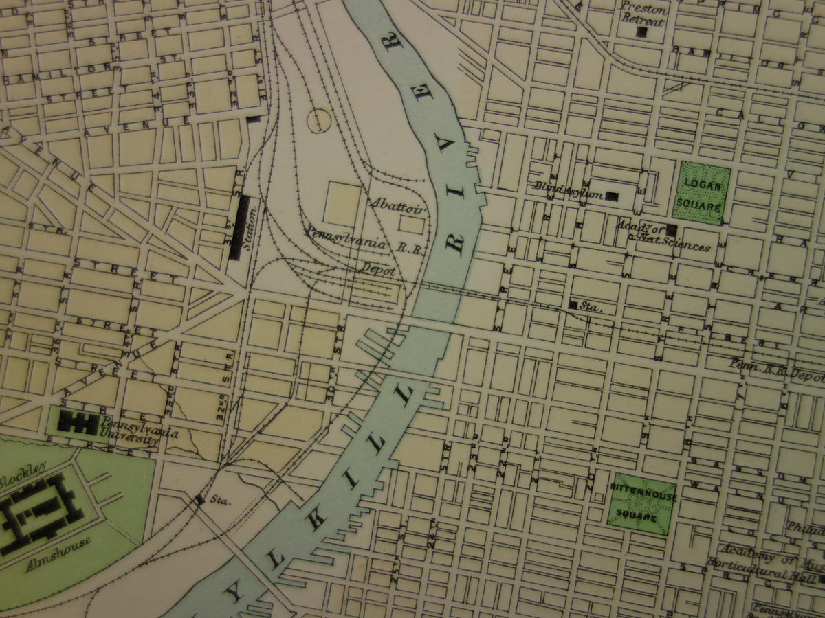 PHILADELPHIA oude plattegrond van centrum Philadelphia antieke kaart VS vintage kaarten