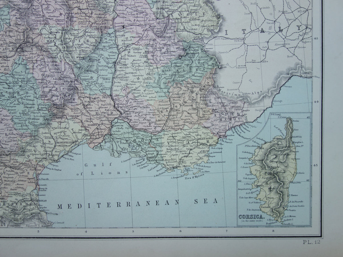 Large old map of France from 1877 original antique map poster