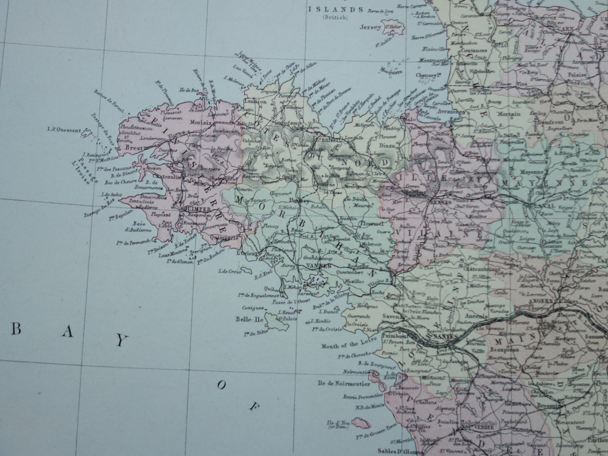 Large old map of France from 1877 original antique map poster