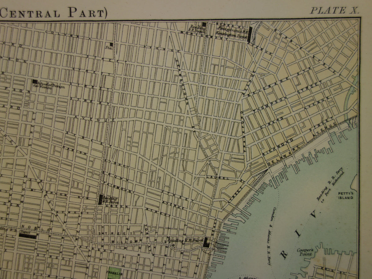 PHILADELPHIA oude plattegrond van centrum Philadelphia antieke kaart VS vintage kaarten