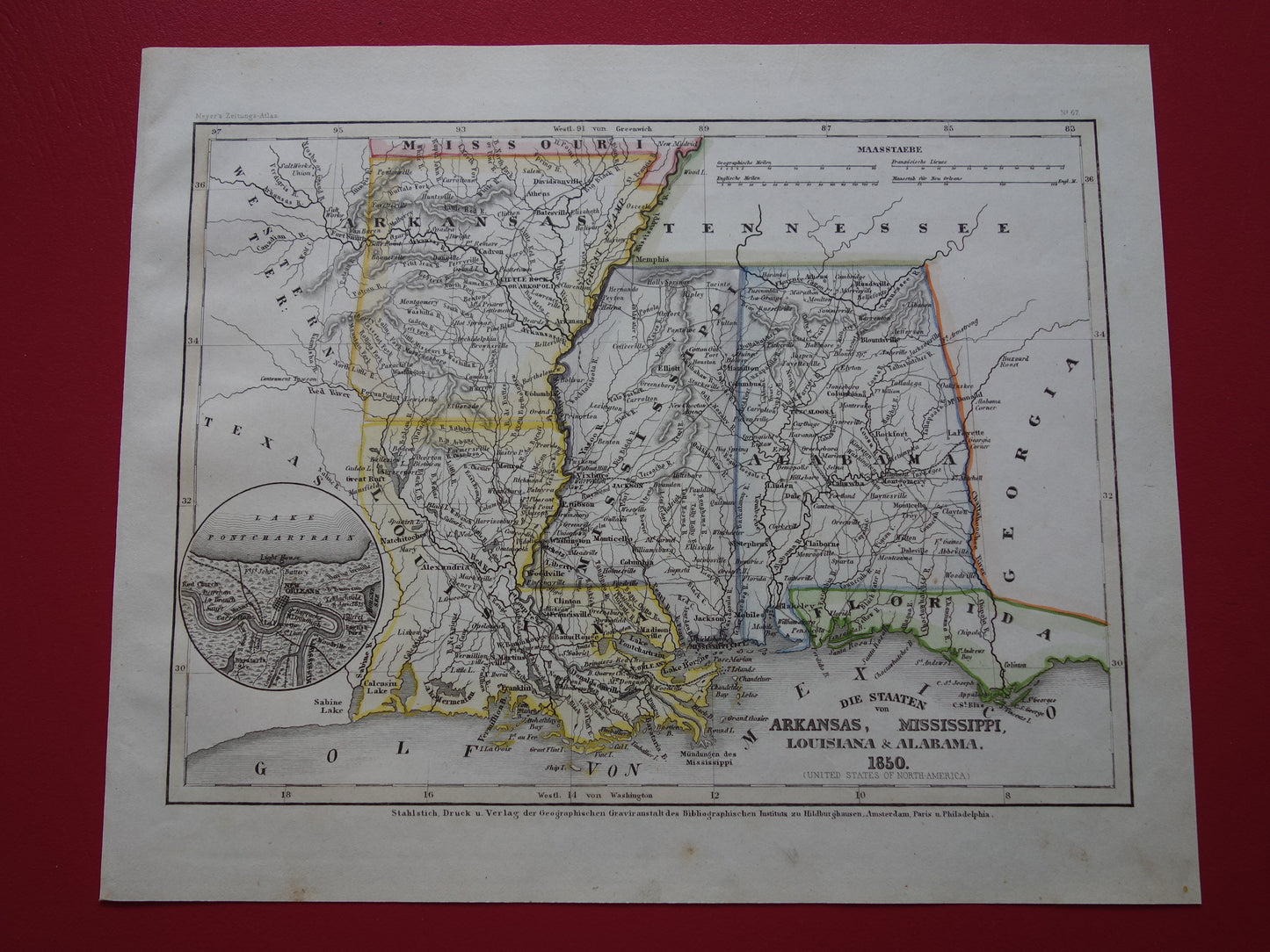 Old map Alabama Mississippi Louisiana and Arkansas United States - 1850 original antique map USA New Orleans - vintage maps