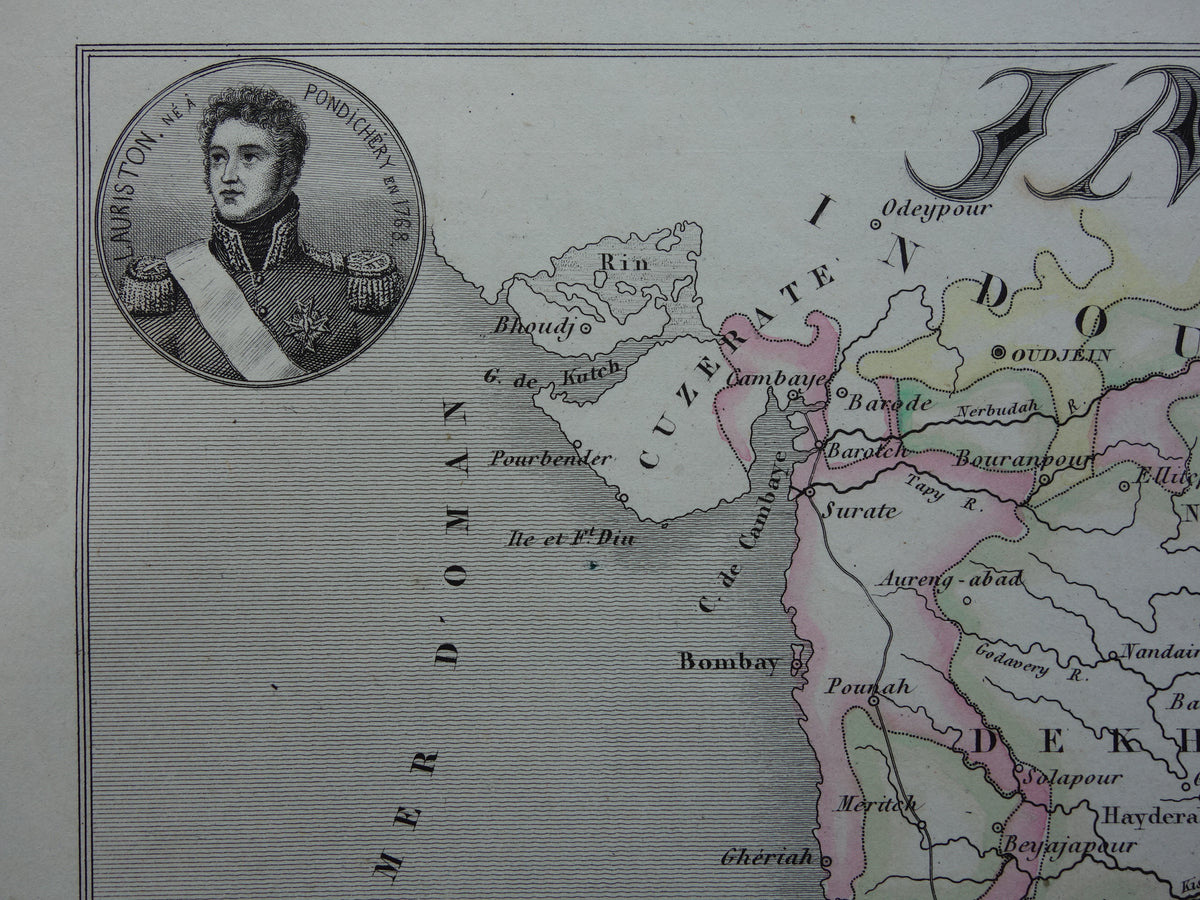 INDIA oude kaart 1856 originele antieke Franse handgekleurde landkaart van India met Franse koloniale bezittingen