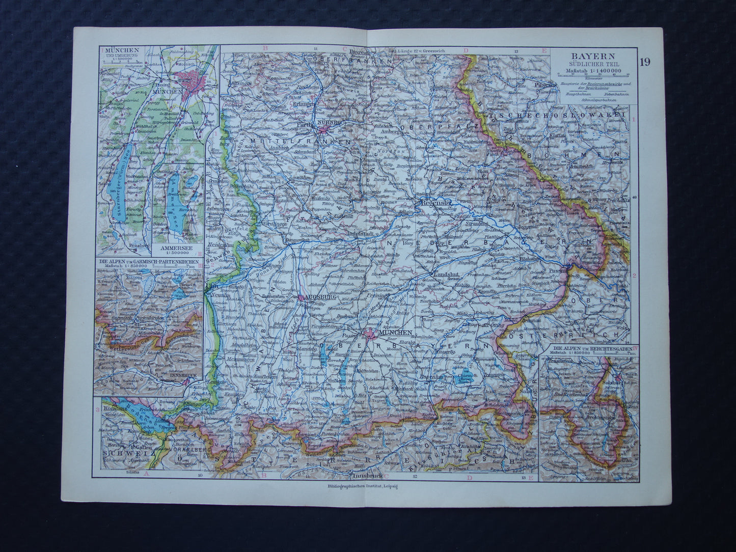 GERMANY old map of Bavaria 1928 original vintage German map Munich Augsburg Nuremburg
