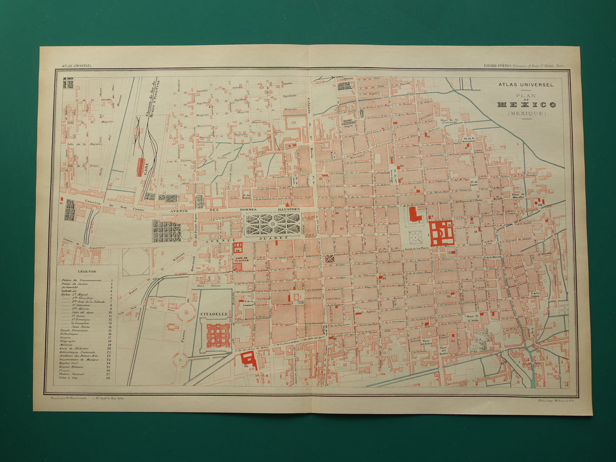 MEXICO-STAD oude kaart van Mexico-Stad 1896 originele antieke Franse plattegrond