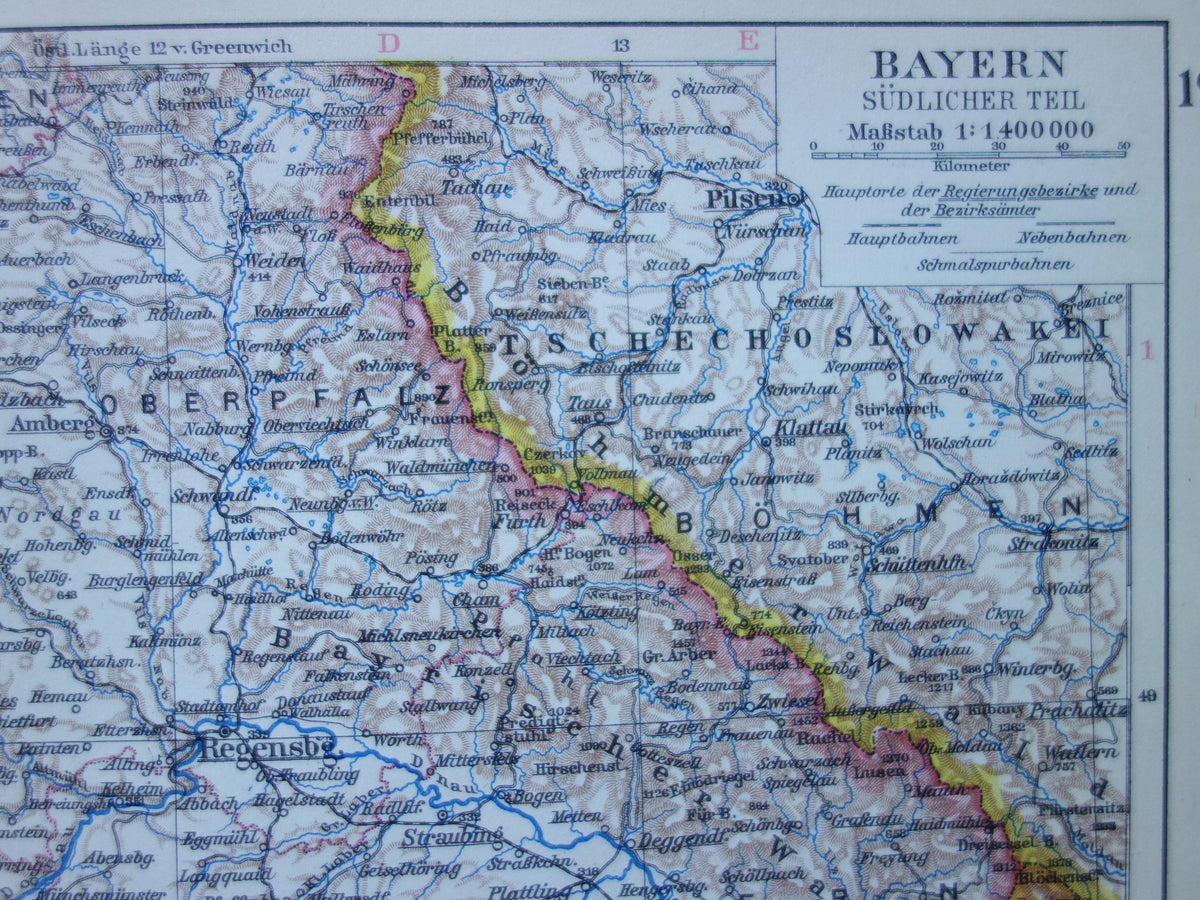 DUITSLAND oude landkaart van Beieren 1928 originele vintage Duitse kaart München Augsburg Nürnburg