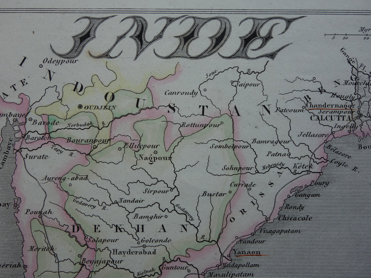 INDIA oude kaart 1856 originele antieke Franse handgekleurde landkaart van India met Franse koloniale bezittingen