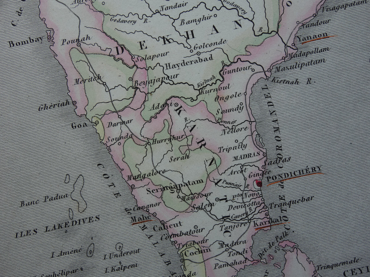 INDIA oude kaart 1856 originele antieke Franse handgekleurde landkaart van India met Franse koloniale bezittingen