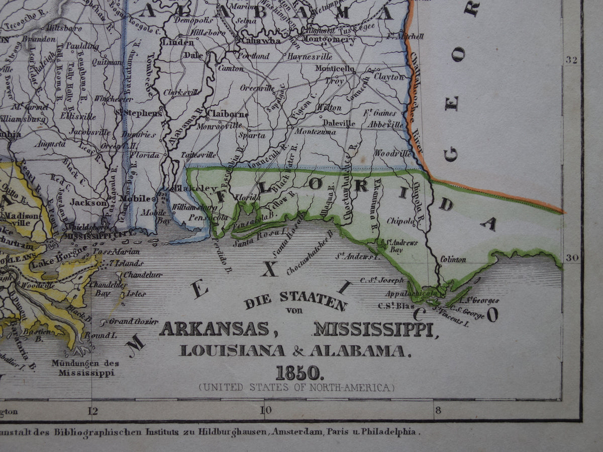 Old map Alabama Mississippi Louisiana and Arkansas United States - 1850 original antique map USA New Orleans - vintage maps