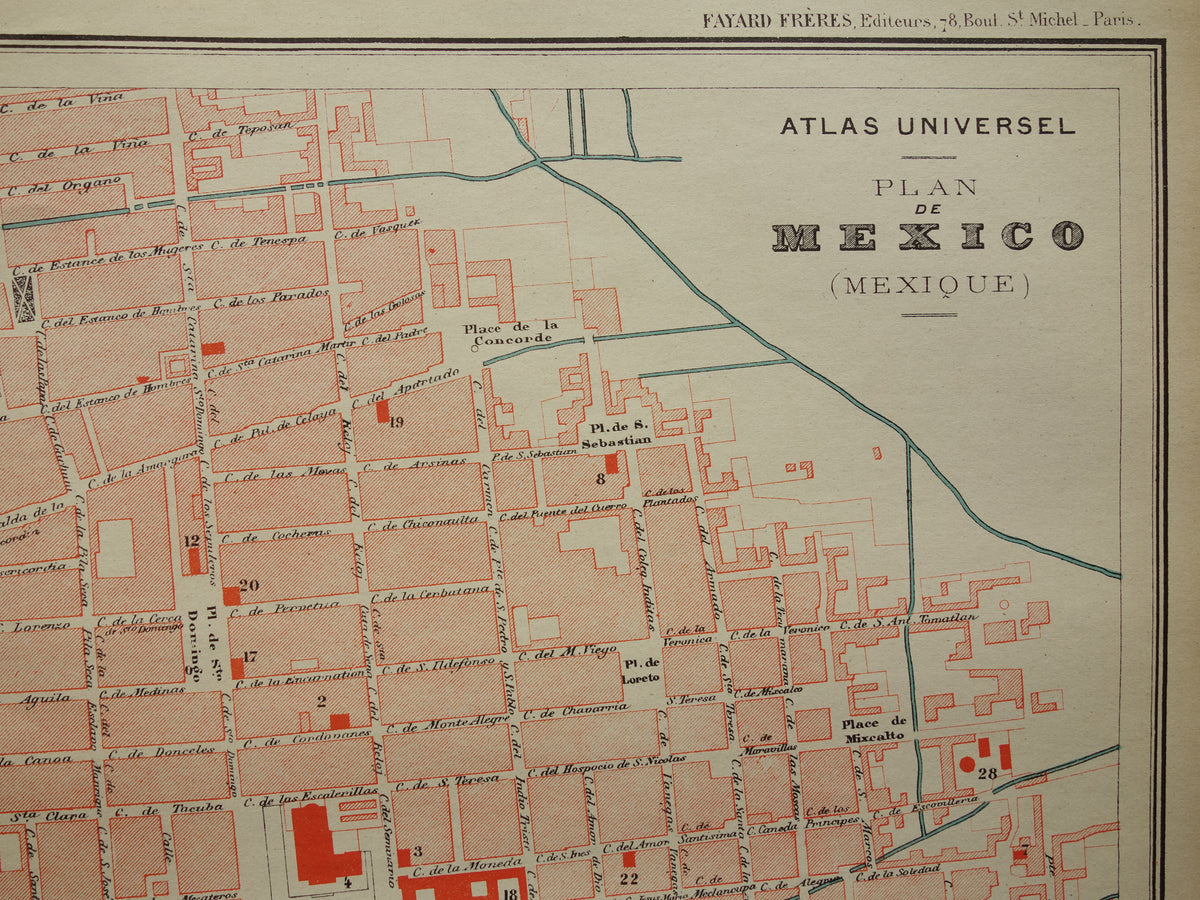 MEXICO-STAD oude kaart van Mexico-Stad 1896 originele antieke Franse plattegrond