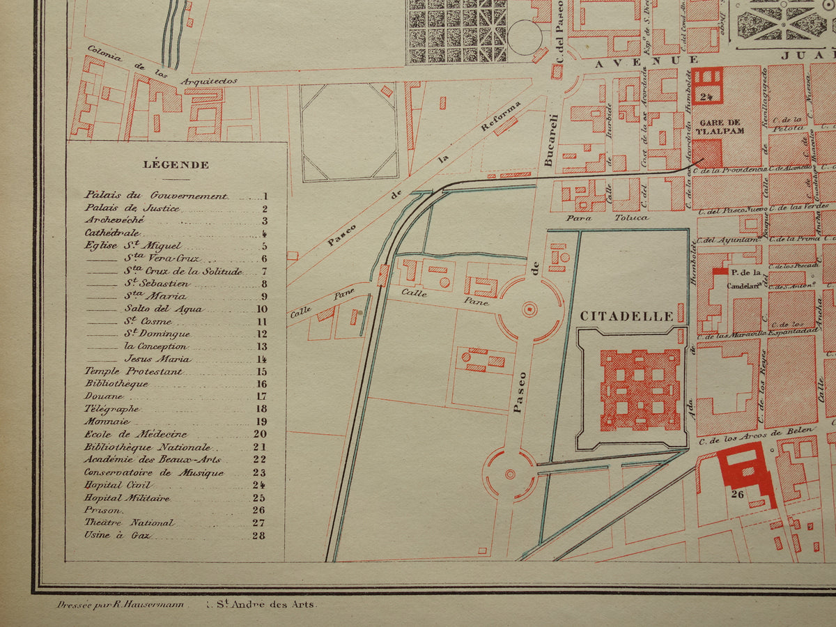 MEXICO-STAD oude kaart van Mexico-Stad 1896 originele antieke Franse plattegrond