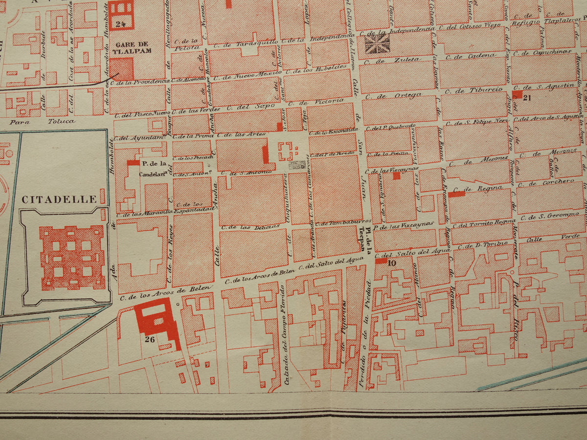 MEXICO-STAD oude kaart van Mexico-Stad 1896 originele antieke Franse plattegrond