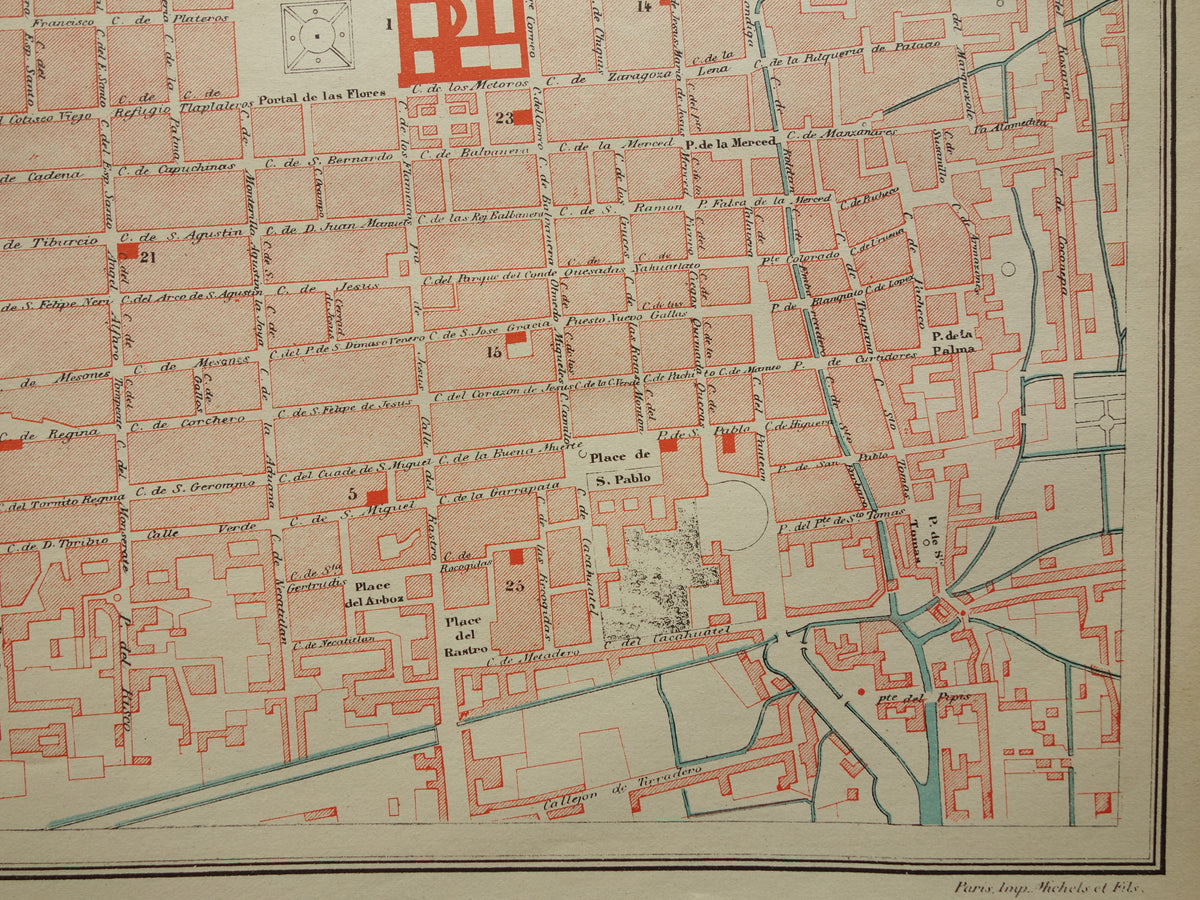 MEXICO-STAD oude kaart van Mexico-Stad 1896 originele antieke Franse plattegrond
