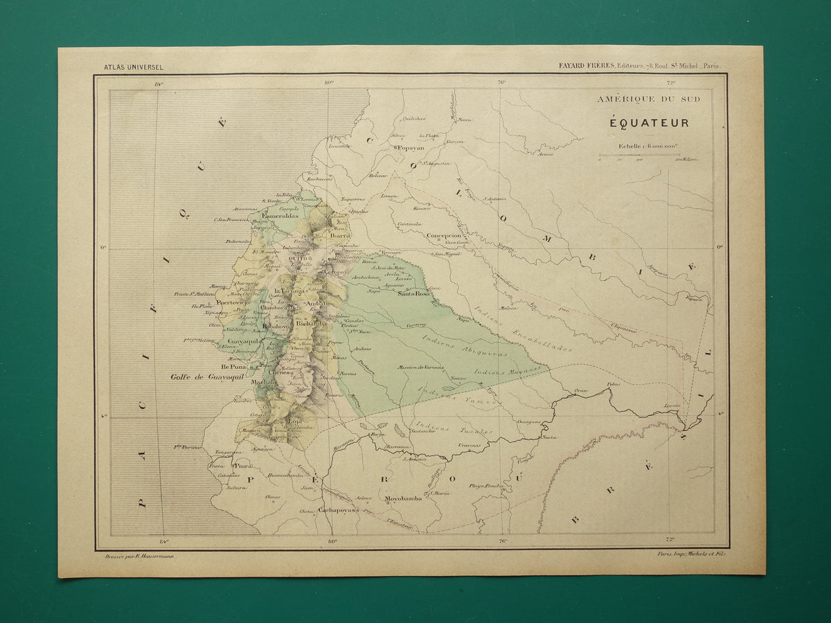 ECUADOR oude kaart uit 1896 originele antieke Franse handgekleurde landkaart Ecuador
