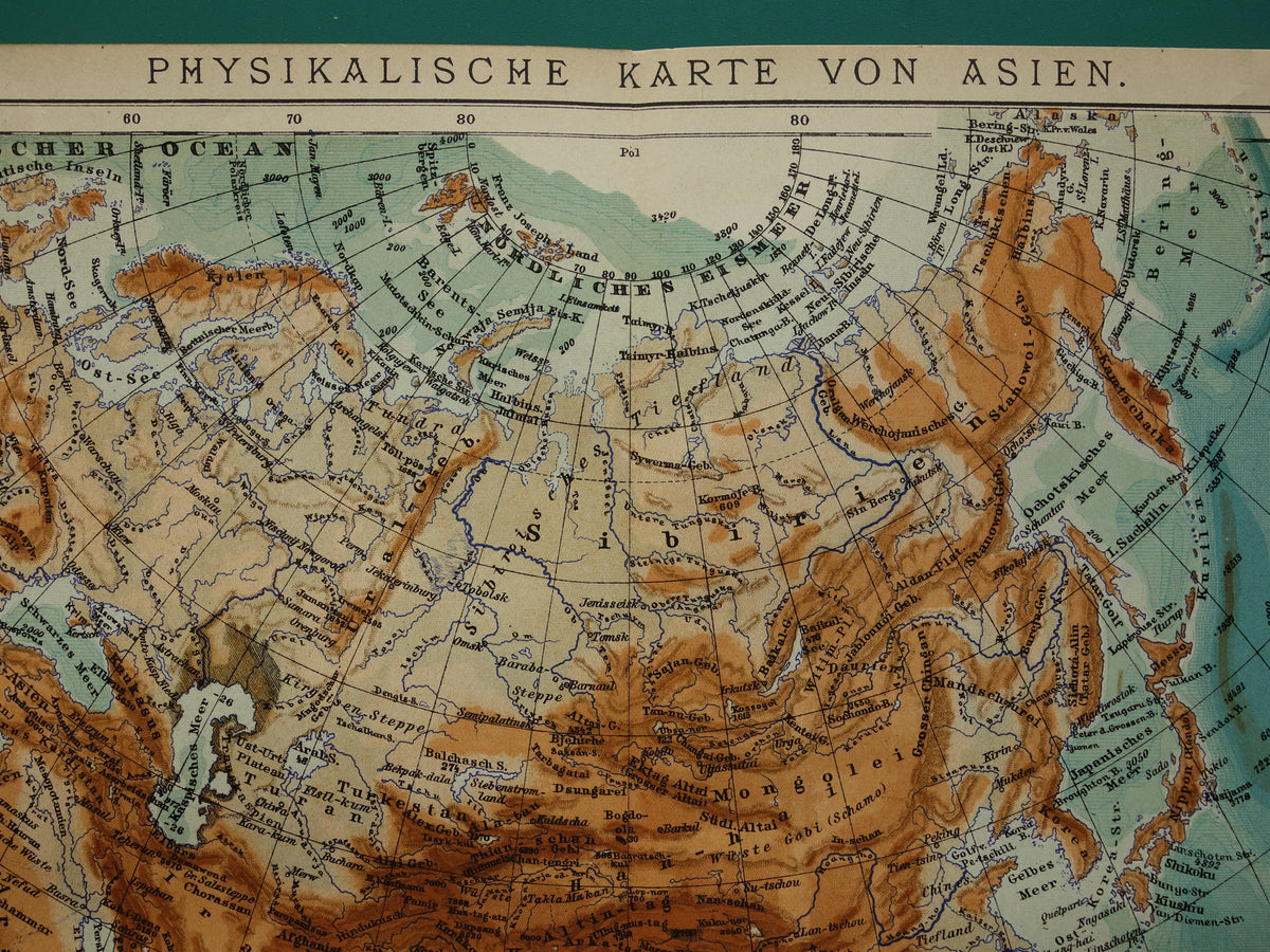 ASIA old maps of Asia from 1909 set of 2 original antique German maps Political map and elevation map