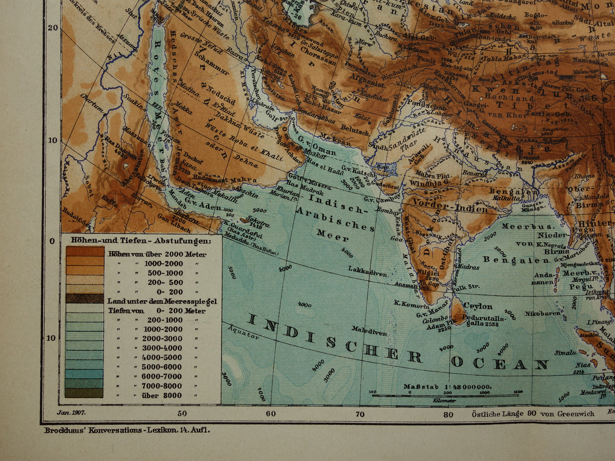 ASIA old maps of Asia from 1909 set of 2 original antique German maps Political map and elevation map